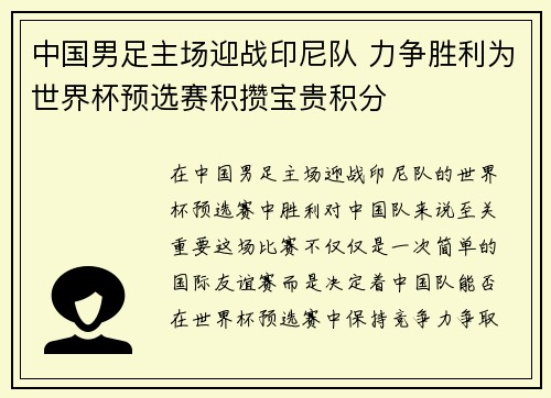 中国男足主场迎战印尼队 力争胜利为世界杯预选赛积攒宝贵积分 中国男足主场迎战印尼队 力争胜利为世界杯预选赛积攒宝贵积分